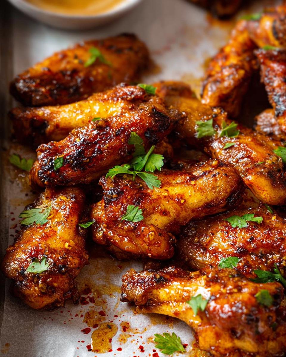 Close-up of perfectly baked chicken wings with a glossy glaze and fresh parsley garnish.