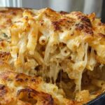 A serving spoon lifting a generous portion of cheesy baked pasta, showing gooey cheese strands.