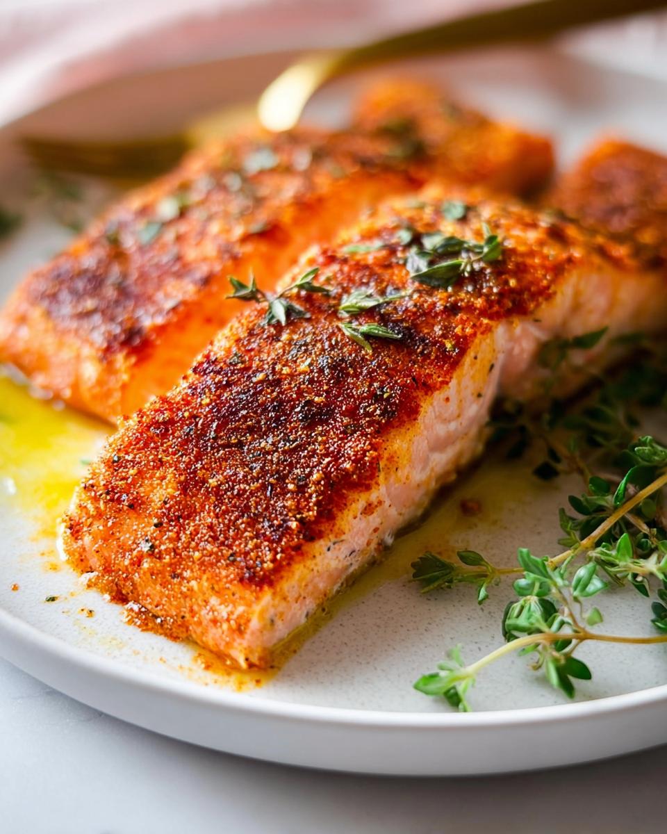 Close-up of perfectly baked salmon fillets seasoned with spices and fresh thyme, part of The Ultimate Salmon Recipes Guide for Beginners.