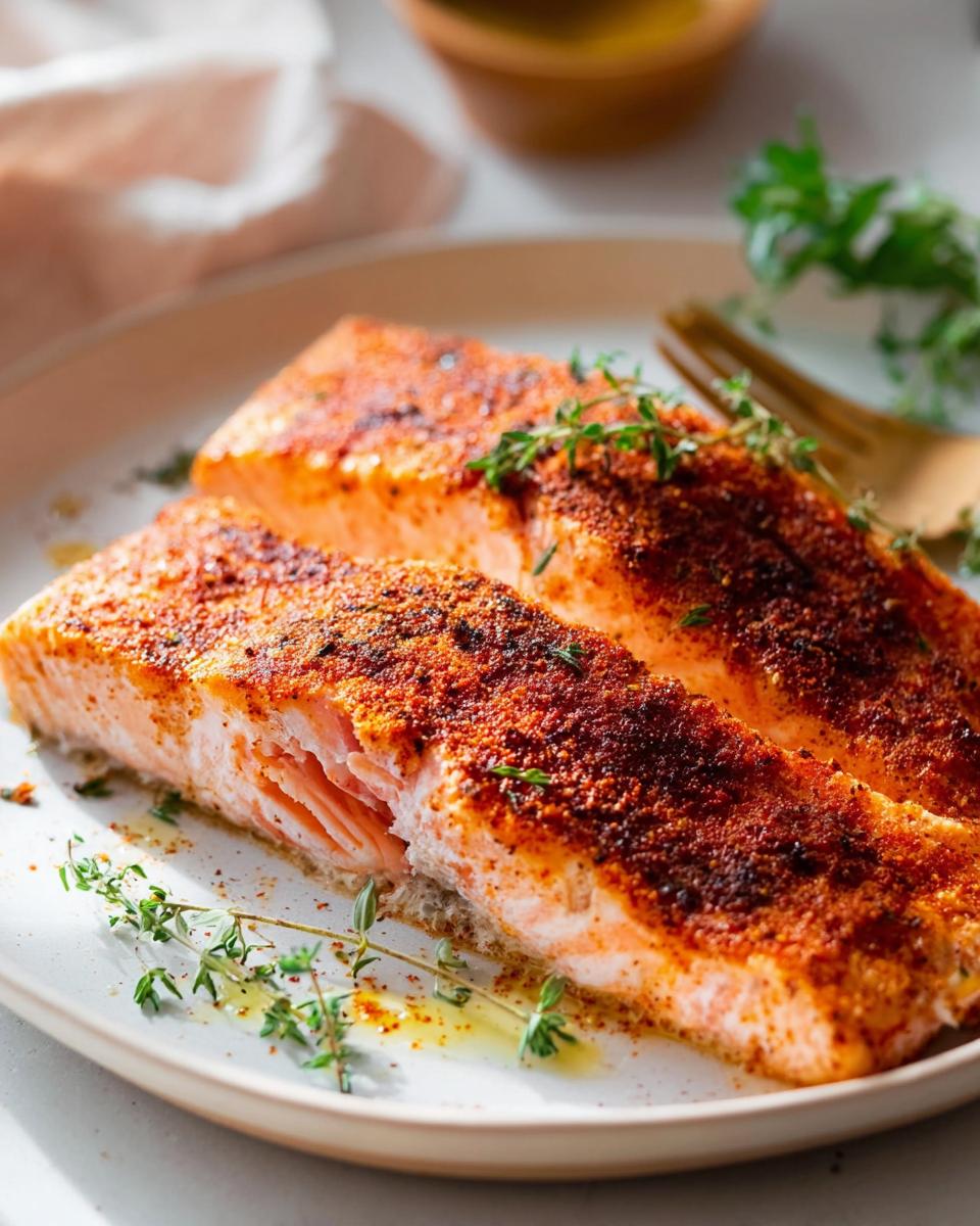 Two perfectly baked salmon fillets seasoned with spices and fresh thyme, part of The Ultimate Salmon Recipes Guide for Beginners.
