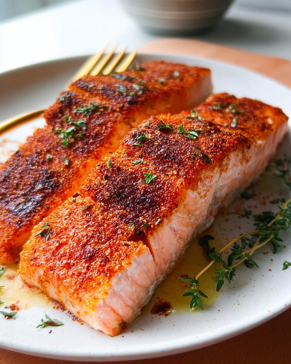 Two perfectly baked salmon fillets seasoned with spices and fresh herbs, part of The Ultimate Salmon Recipes Guide for Beginners.