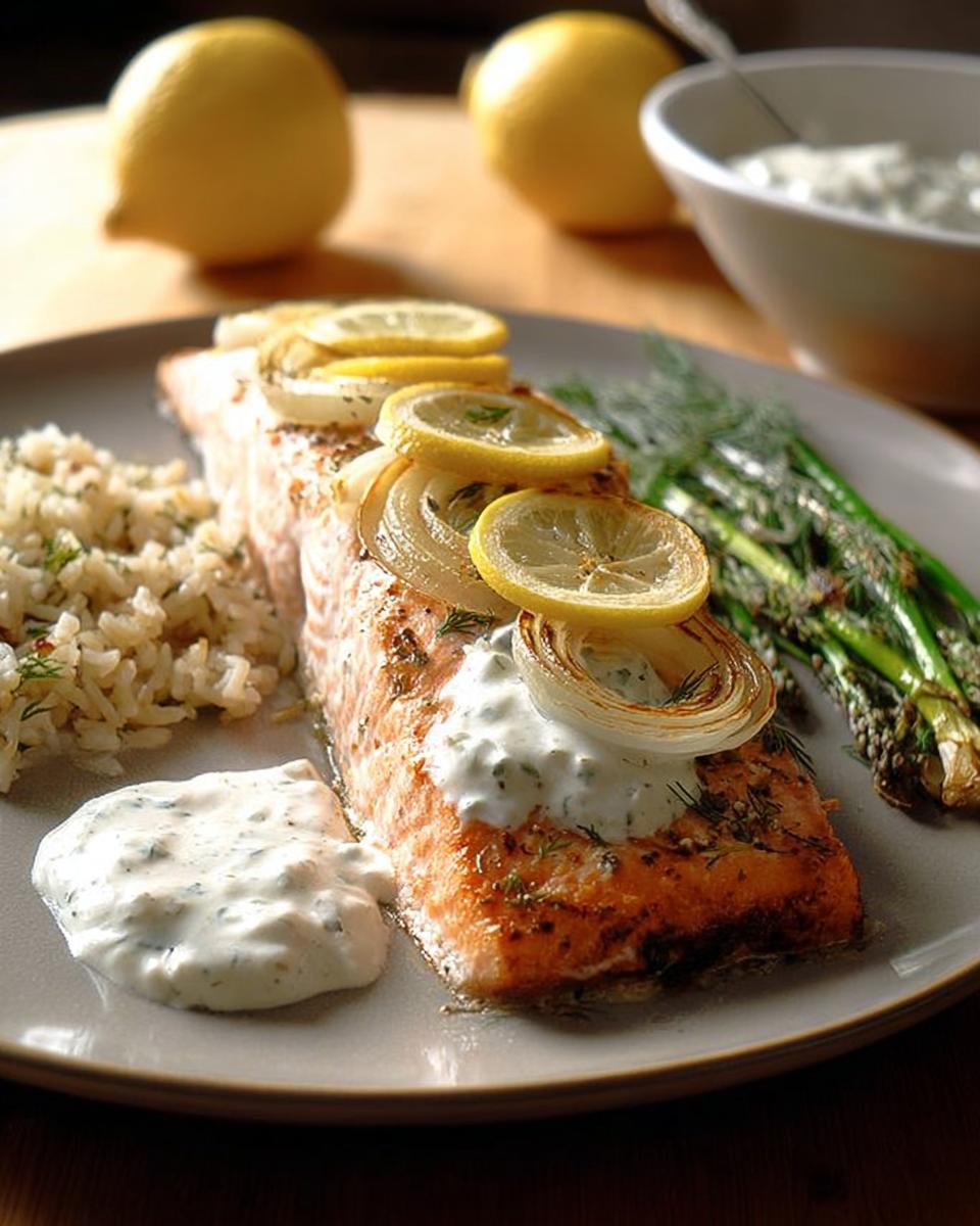 A delicious baked salmon fillet topped with lemon slices and onions, served with rice and asparagus.