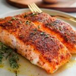 Two perfectly baked salmon fillets seasoned with spices and herbs, part of The Ultimate Salmon Recipes Guide for Beginners.