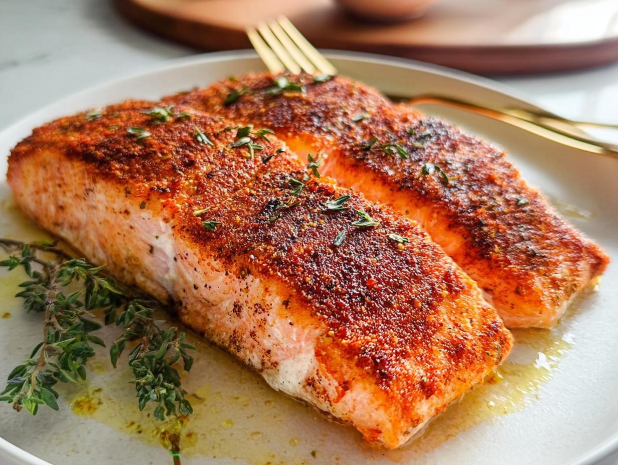 Two perfectly baked salmon fillets seasoned with spices and herbs, part of The Ultimate Salmon Recipes Guide for Beginners.