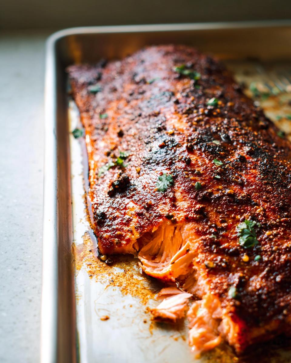 A close-up of a whole baked salmon fillet with a crispy, seasoned crust, ready to be served.