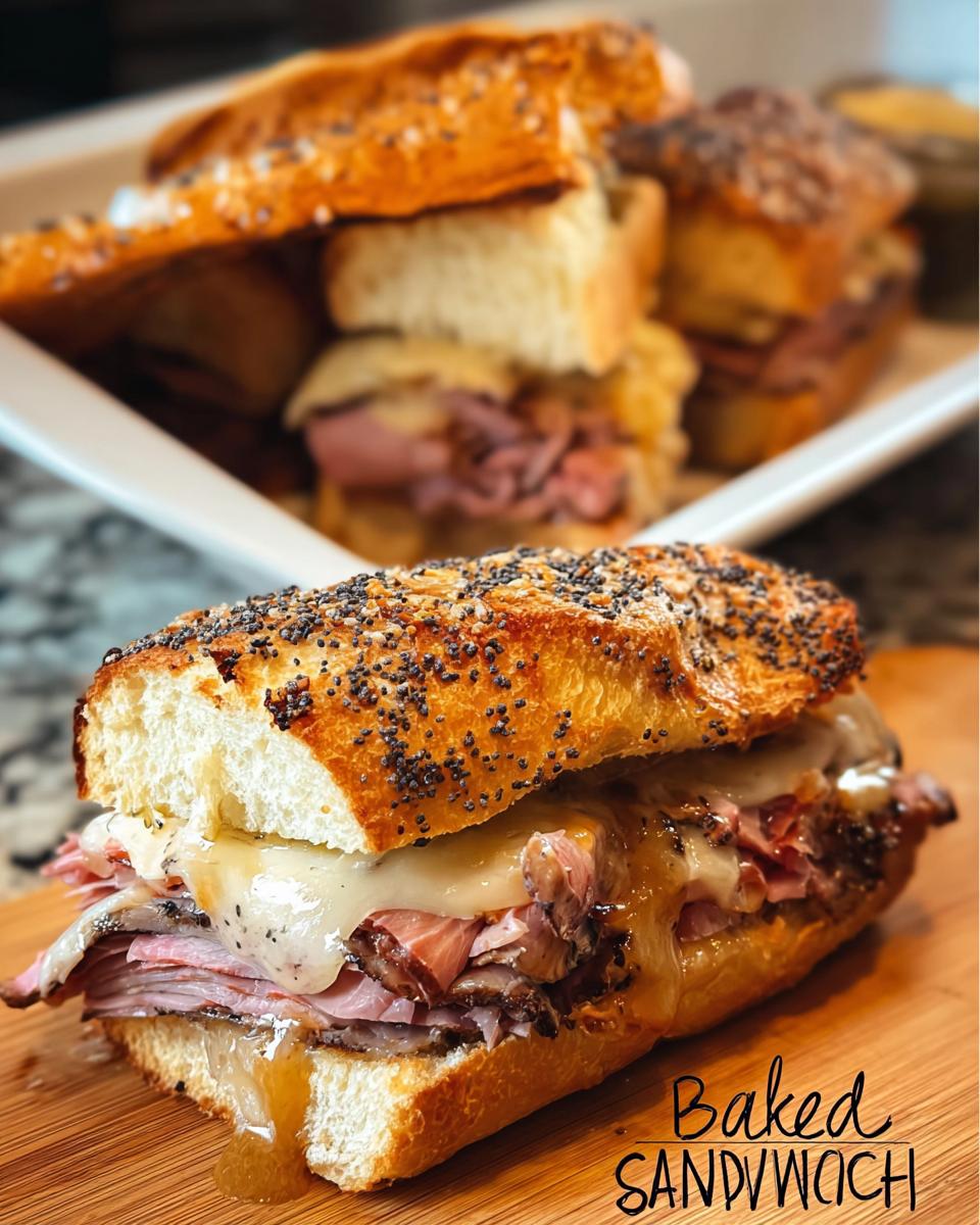 Close-up of a baked sandwich with layers of meat and melted cheese, part of a collection of sandwich ideas recipes.