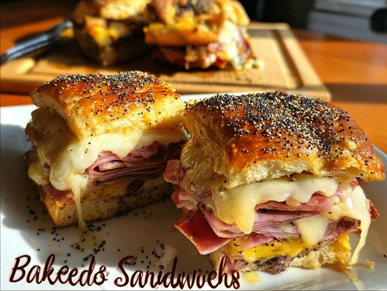 Close-up of two baked sandwich ideas recipes, filled with ham and melted cheese, topped with poppy seeds.