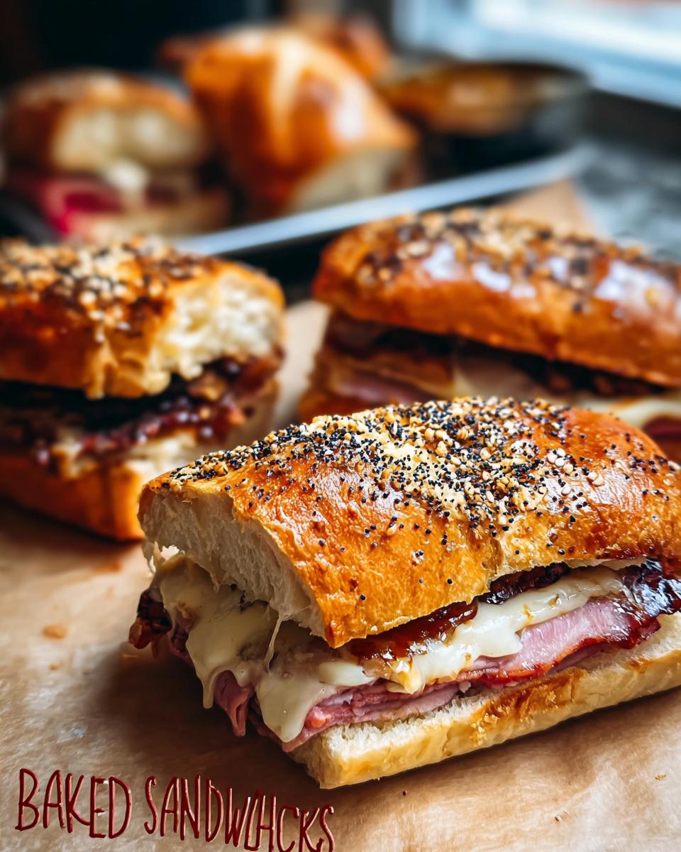 Close-up of a baked sandwich with melted cheese, ham, and jam on a seeded bun.