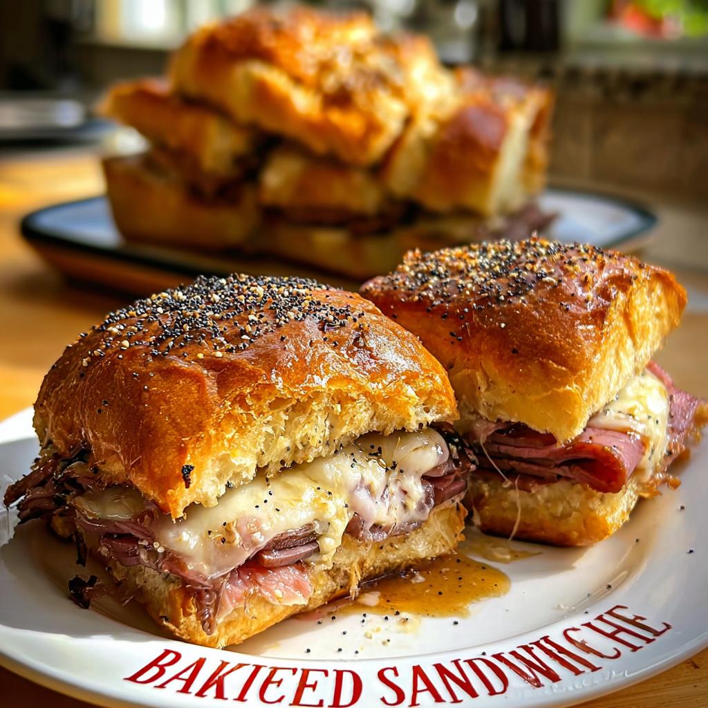 Two delicious baked sandwich ideas recipes filled with roast beef and melted cheese, topped with poppy seeds.