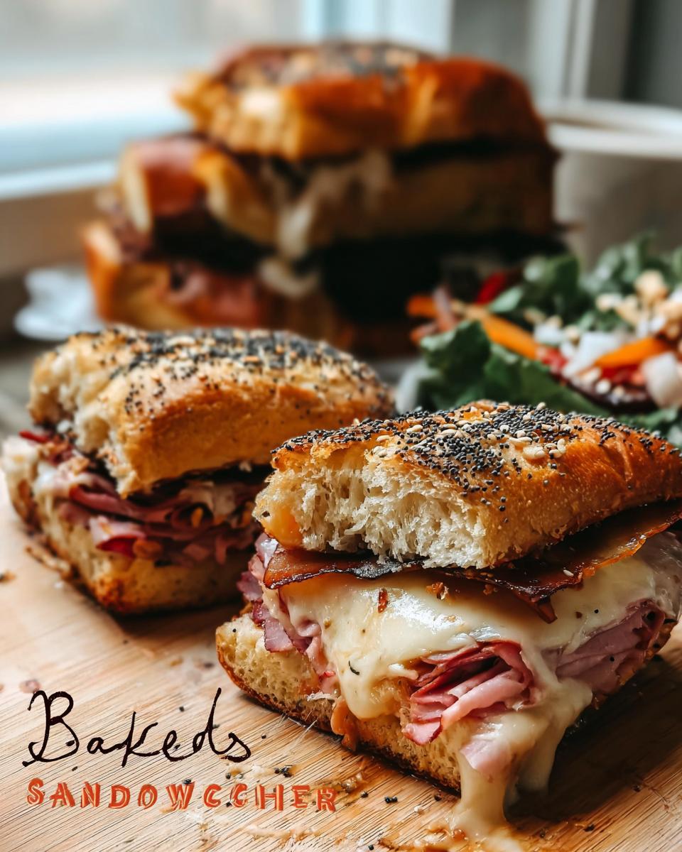 Close-up of a baked sandwich with melted cheese, ham, and bacon, served with a side salad.