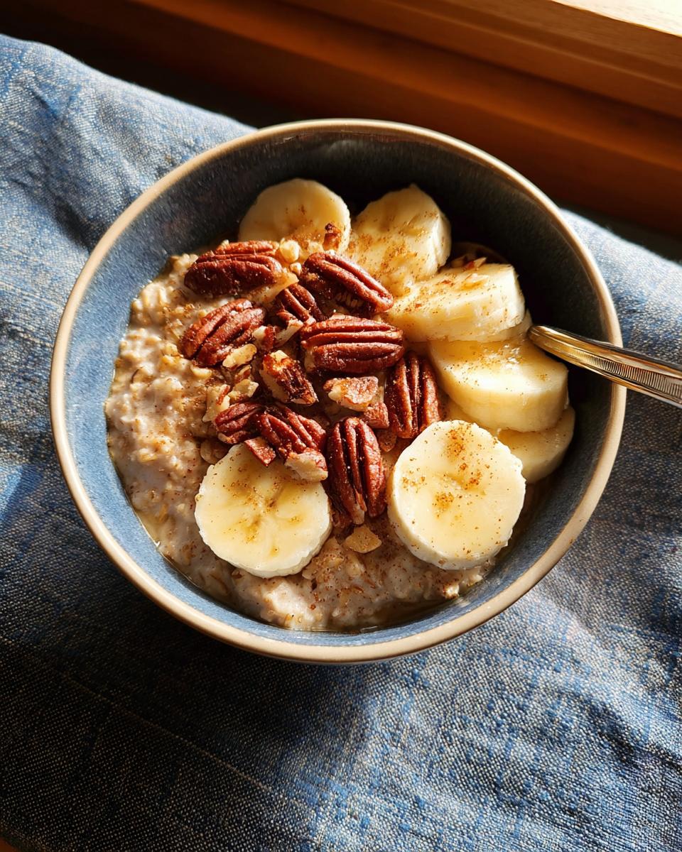 A bowl of oatmeal topped with sliced bananas and pecans, a perfect breakfast idea for busy weeknights.