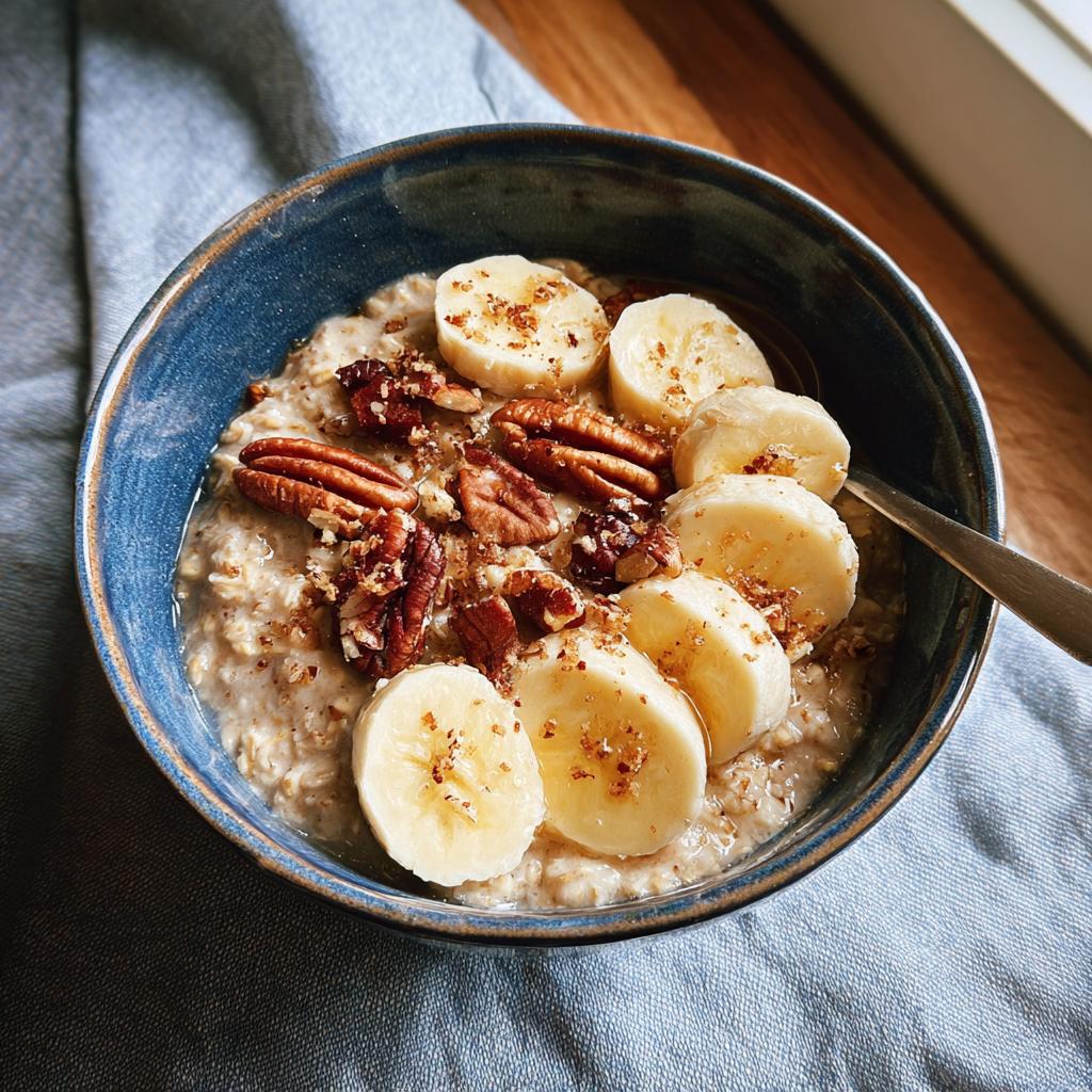 A bowl of oatmeal topped with sliced bananas and pecans, a perfect example of one of our 12 genius breakfast ideas.