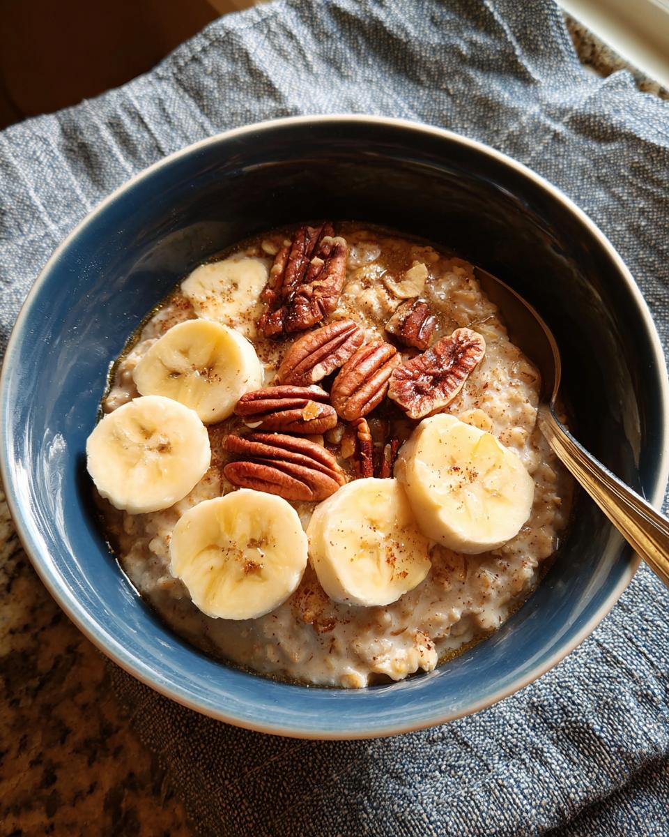 A bowl of oatmeal topped with banana slices and pecans, a perfect breakfast idea for busy nights.