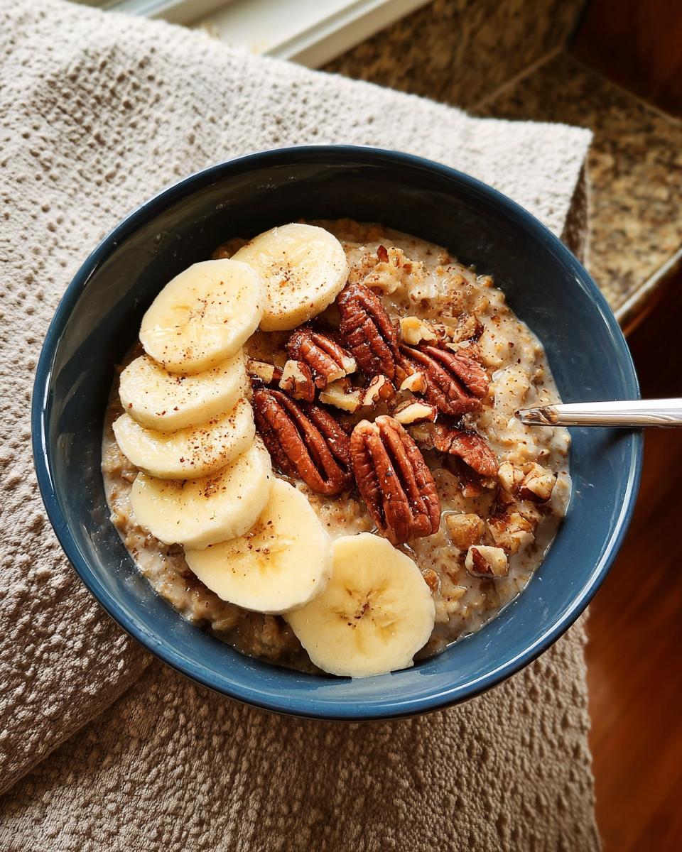 A bowl of oatmeal topped with sliced bananas, pecans, and walnuts, part of breakfast ideas for busy weeknights.