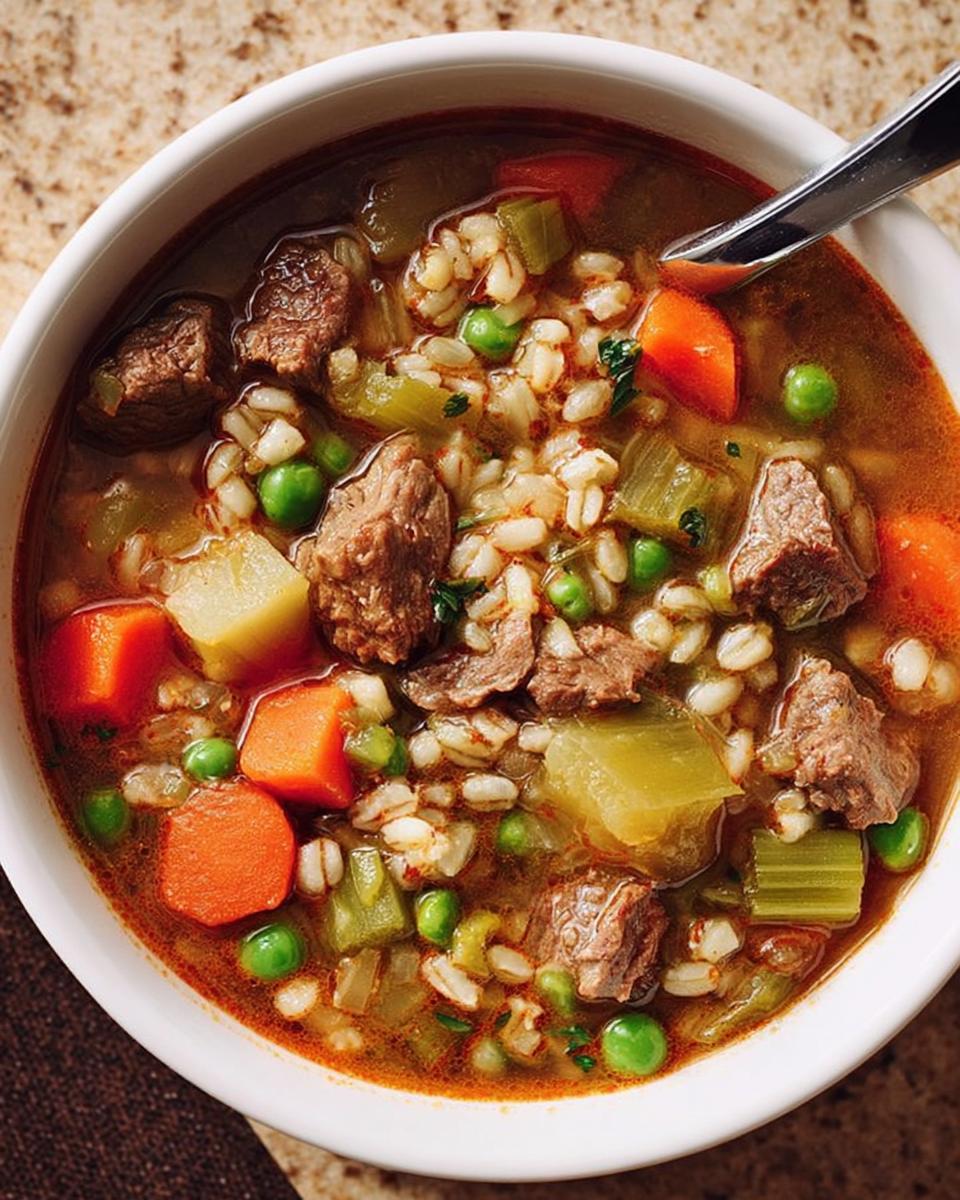 A close-up shot of a bowl of hearty beef barley soup, featuring tender beef chunks, barley, carrots, peas, and celery.