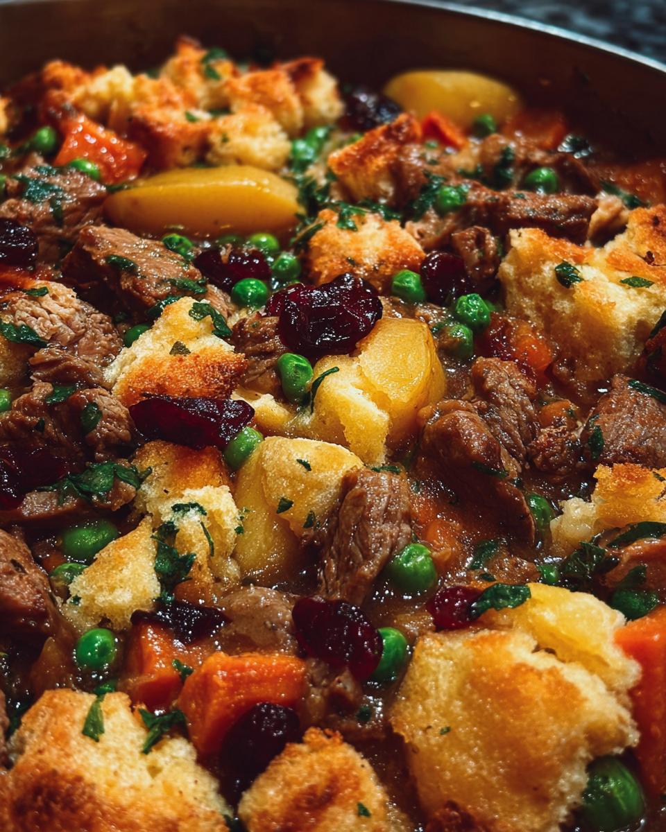 Close-up of a hearty beef stew with chunks of meat, potatoes, carrots, peas, cranberries, and pieces of stuffing.
