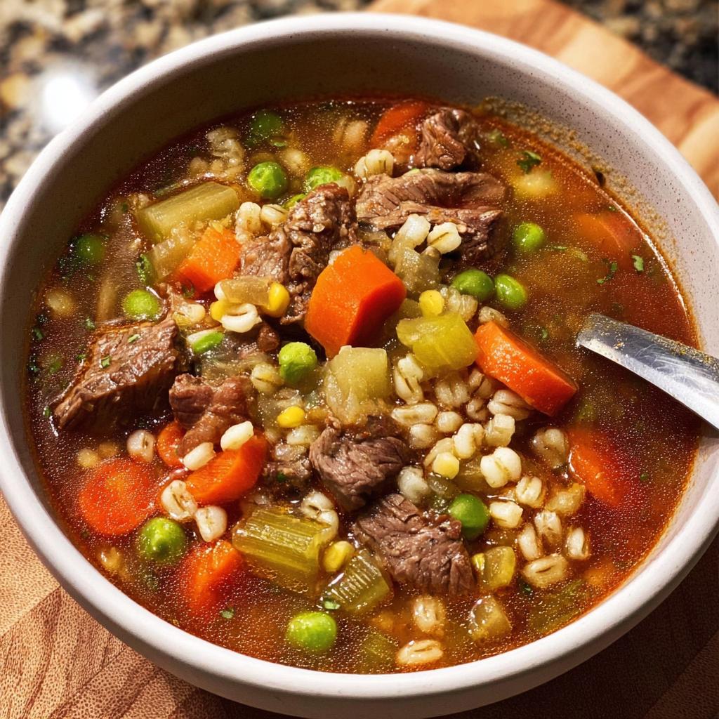 A close-up of a bowl filled with hearty beef and vegetable soup, featuring tender beef chunks, carrots, peas, corn, celery, and barley.