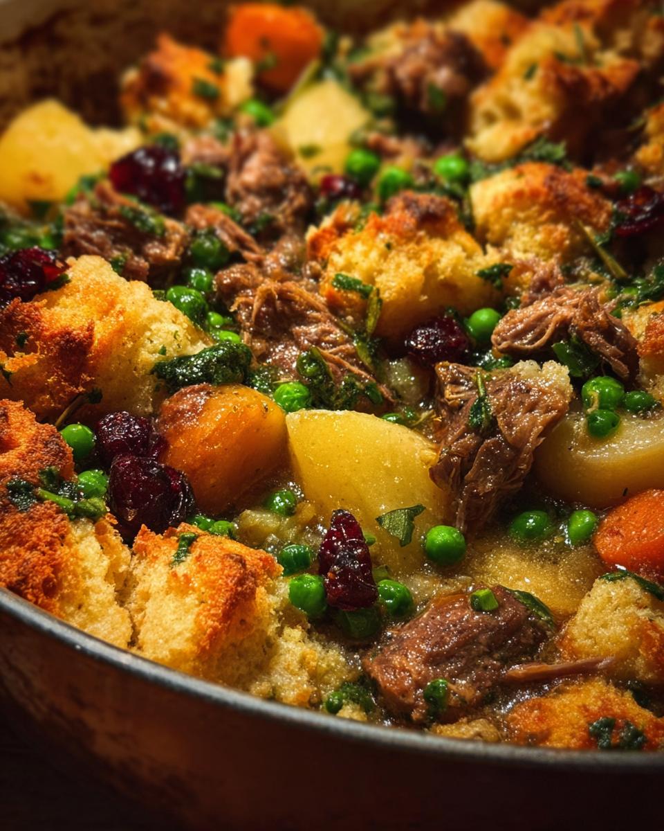 Close-up of a comforting beef and vegetable stuffing recipe with potatoes, peas, cranberries, and bread chunks.