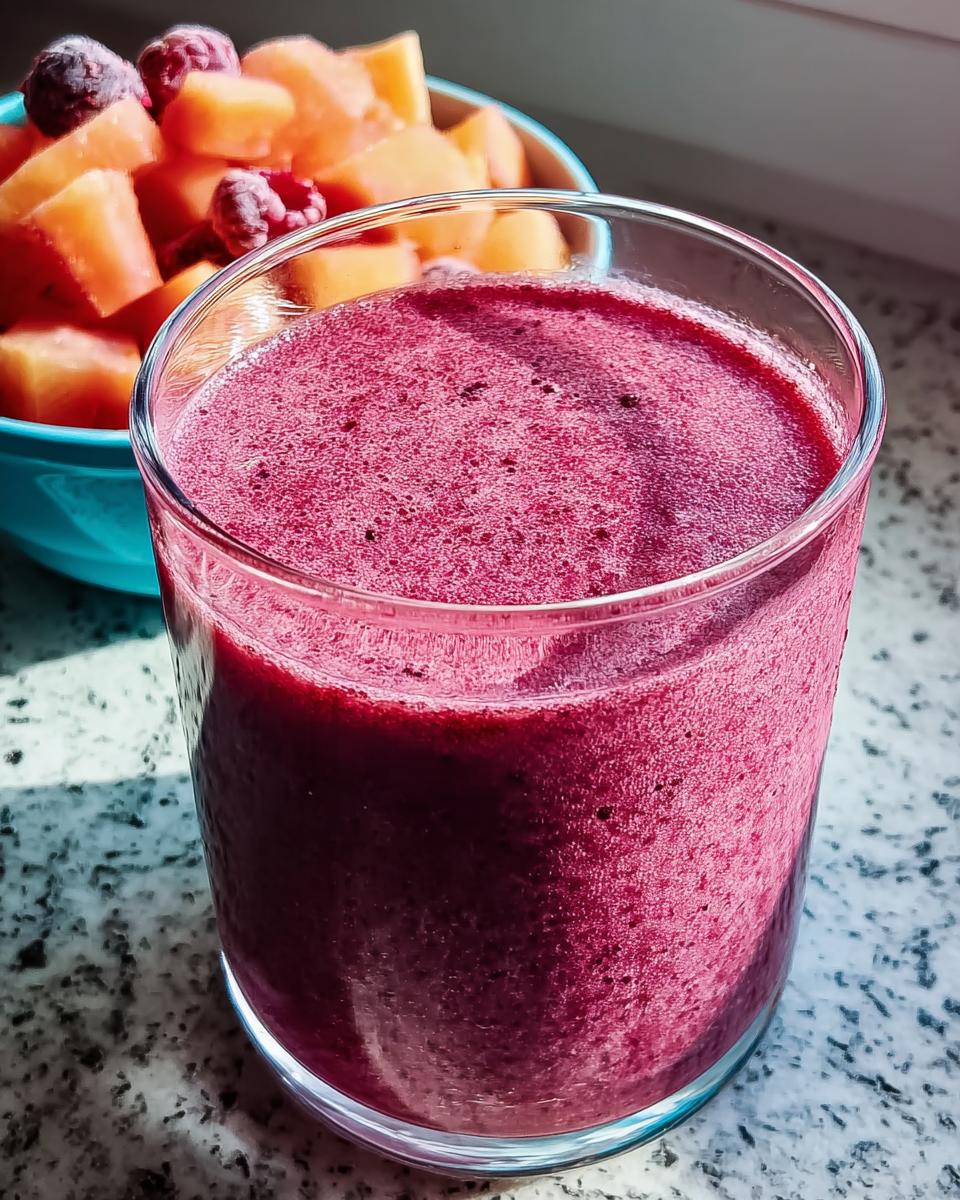 A vibrant berry smoothie in a glass, with a bowl of chopped fruit and raspberries in the background. A great breakfast idea.