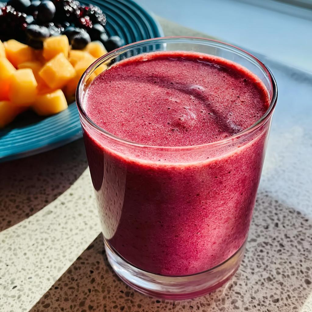 A vibrant berry smoothie in a glass, served with a side of fresh berries and melon cubes, perfect for breakfast ideas recipes.