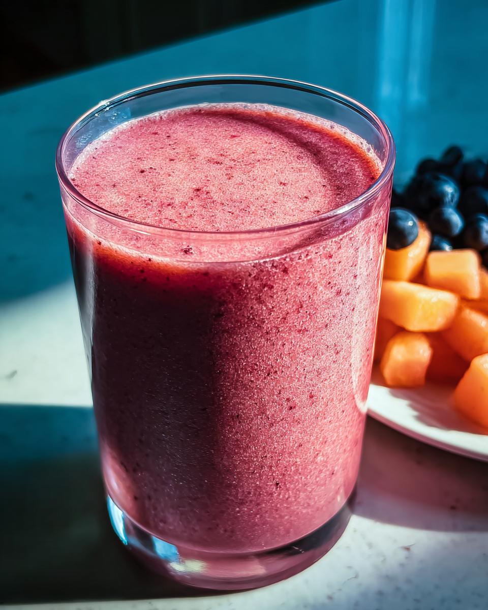 Close-up of a vibrant berry smoothie in a glass, with blueberries and cantaloupe in the background, perfect for breakfast ideas.