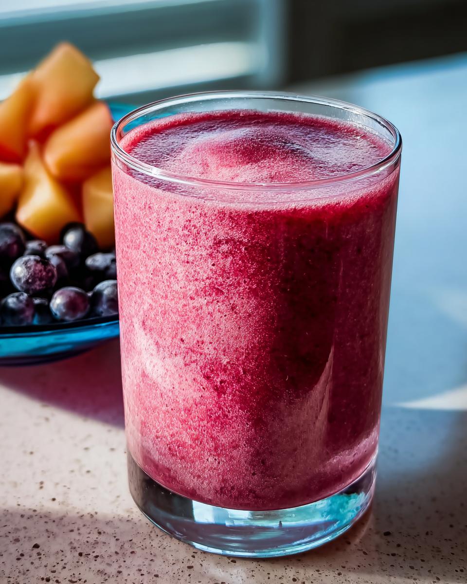 A vibrant berry smoothie in a glass, with blueberries and cantaloupe in the background, perfect for breakfast ideas recipes.