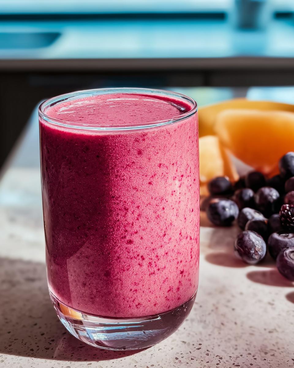 A vibrant berry smoothie in a glass, accompanied by fresh blueberries and sliced fruit, perfect for breakfast ideas recipes.