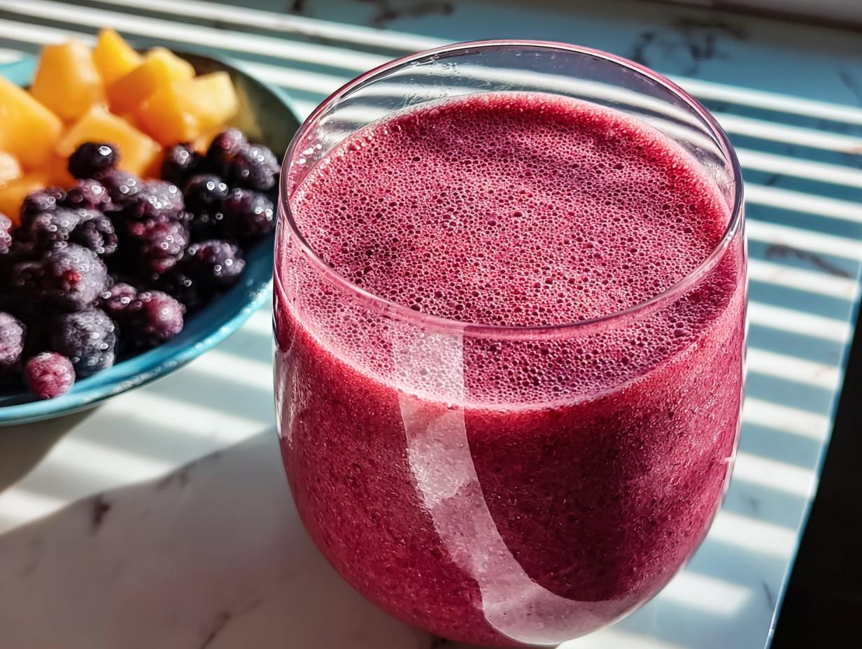 A vibrant berry smoothie in a glass, next to a bowl of fresh blueberries and melon chunks. Perfect for breakfast ideas recipes.