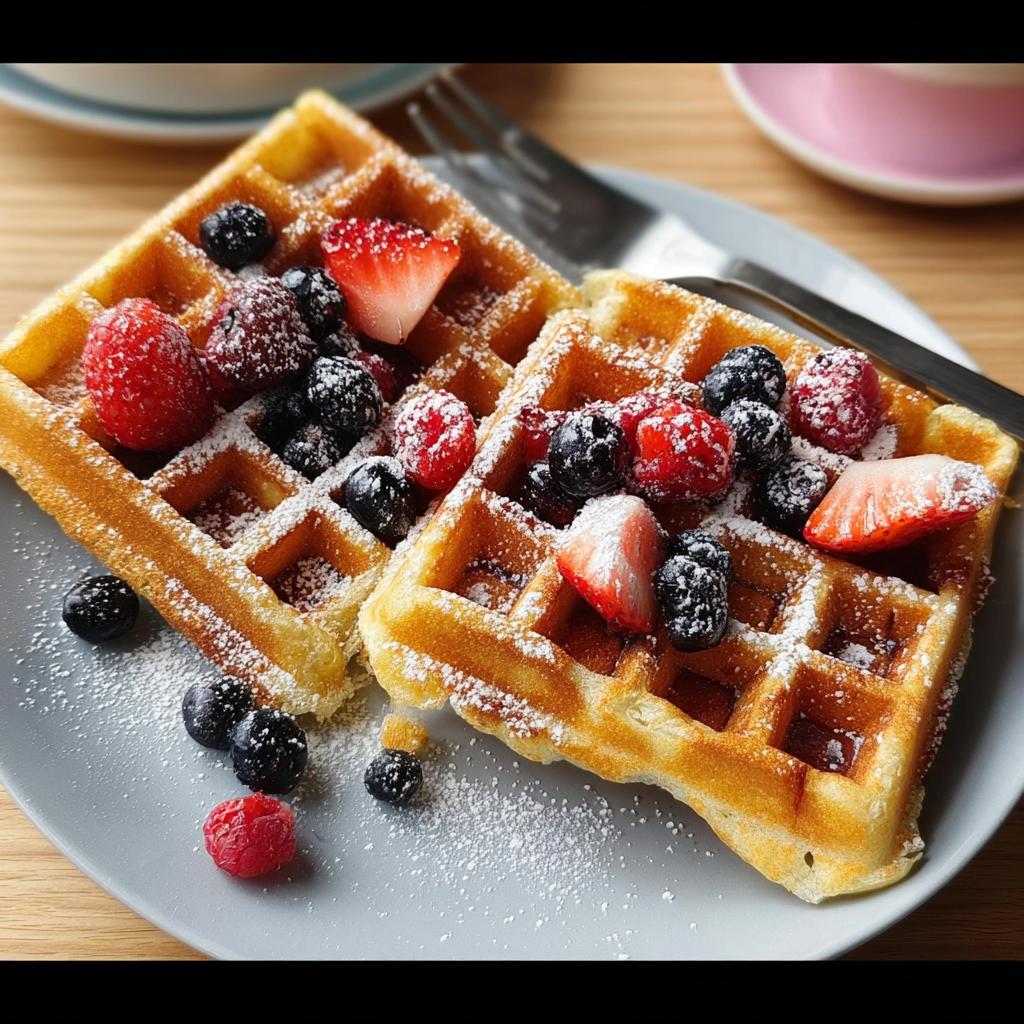 Two golden waffles topped with fresh strawberries, blueberries, and raspberries, dusted with powdered sugar. A perfect breakfast idea.