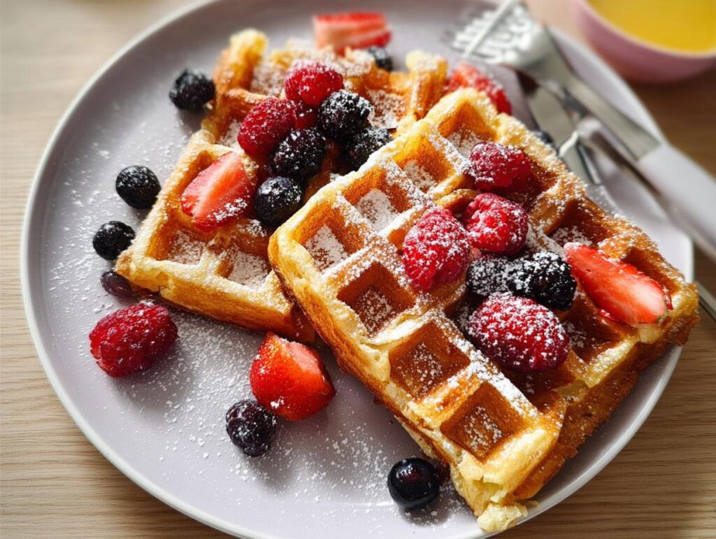 Golden brown waffles topped with fresh raspberries, blueberries, and strawberries, dusted with powdered sugar. A perfect breakfast idea recipe.