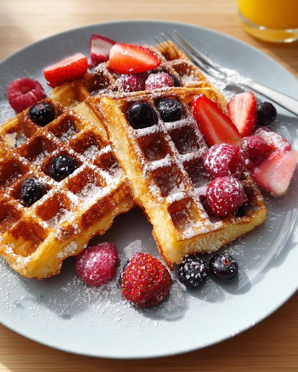 Golden brown waffles topped with fresh strawberries, blueberries, and raspberries, dusted with powdered sugar. A perfect breakfast idea.