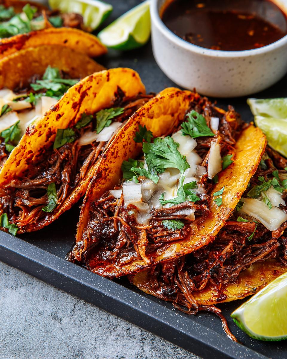 Close-up of crispy birria tacos filled with shredded beef, topped with onions and cilantro, served with lime wedges and consommé.