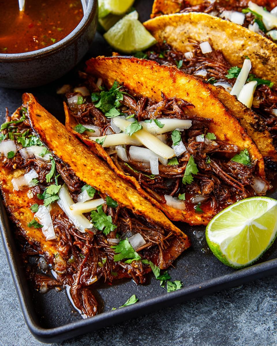 Close-up of crispy birria tacos filled with shredded beef, topped with onions and cilantro, served with lime and consommé.