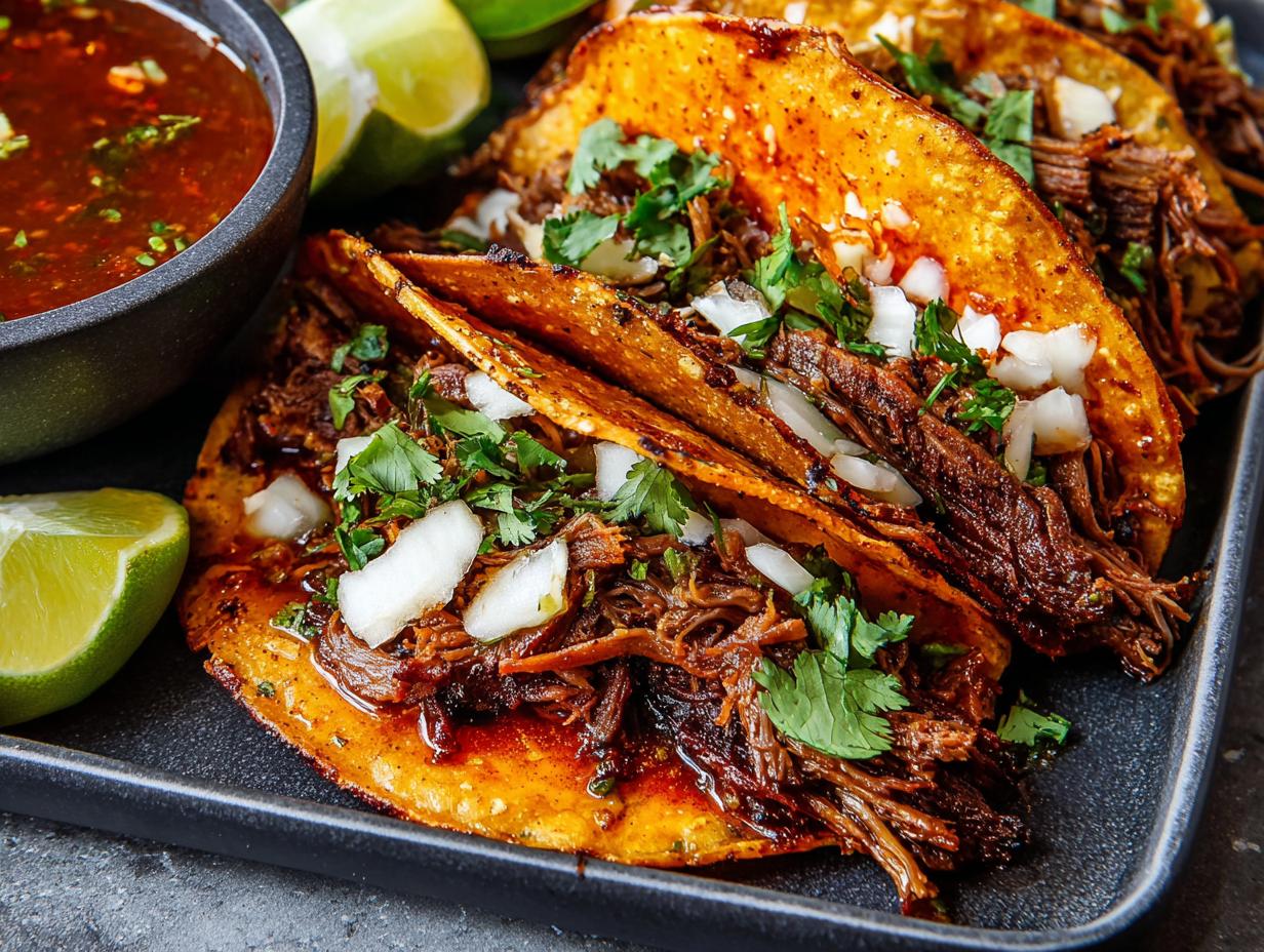 Close-up of flavorful birria tacos, a key recipe in The Ultimate Taco Tuesday Recipes Guide for Beginners.
