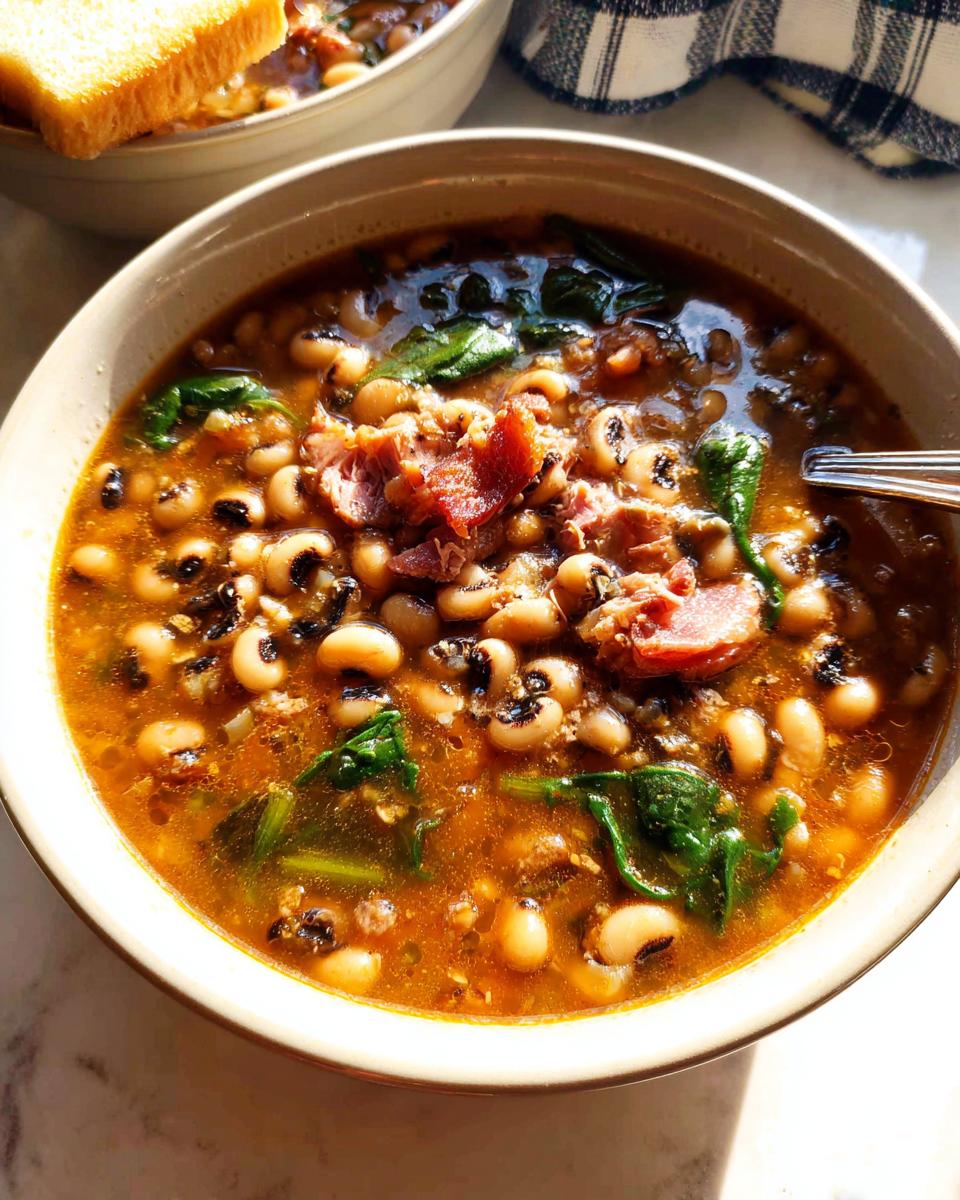 Close-up of a bowl of black-eyed pea soup with ham and spinach, a classic beginner soup recipe.