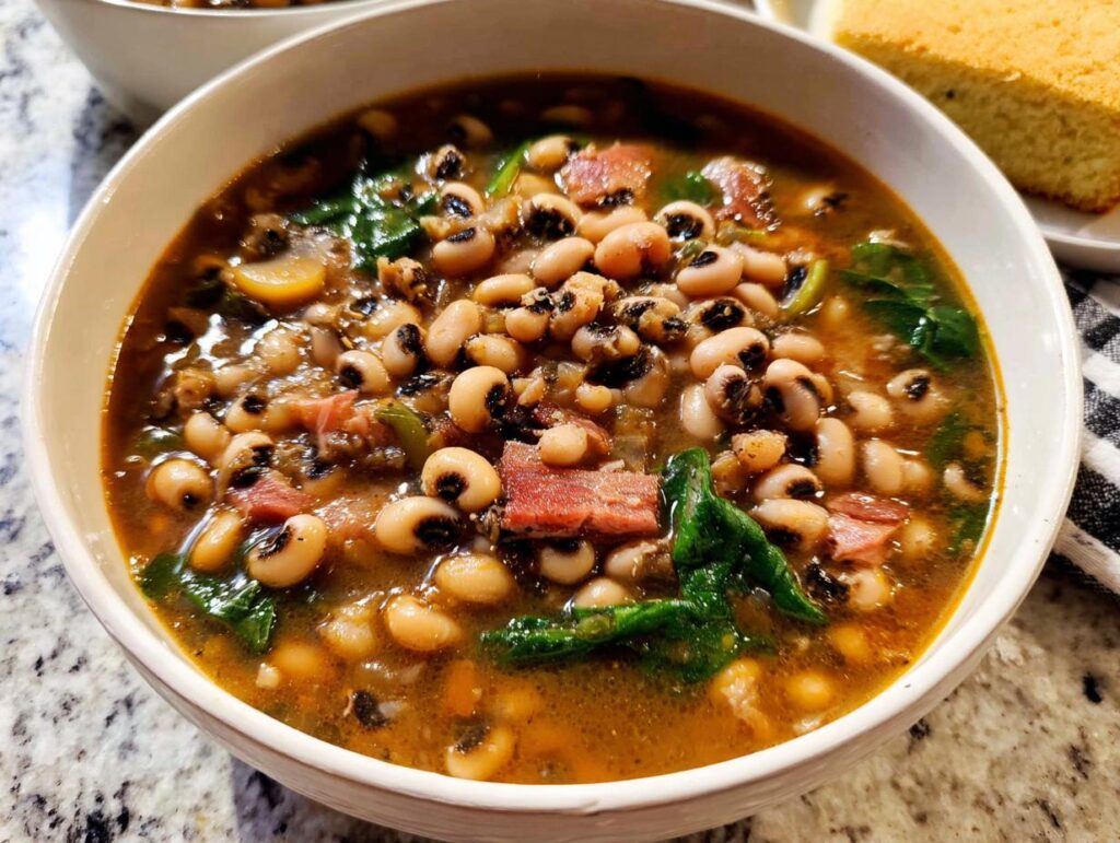 A close-up of a bowl of hearty black eyed pea soup with ham and spinach, part of The Ultimate Soup Recipes Guide.