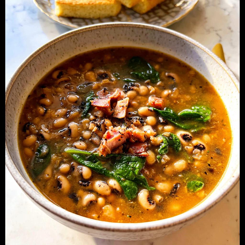 A close-up of a bowl of hearty black-eyed pea soup with spinach and bacon, part of The Ultimate Soup Recipes Guide.