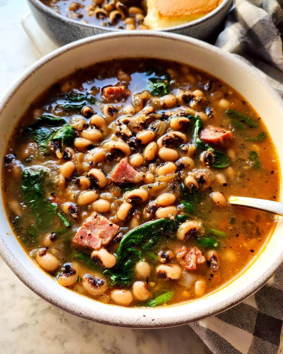 Close-up of a bowl of hearty black eyed pea soup with spinach and ham, part of The Ultimate Soup Recipes Guide.