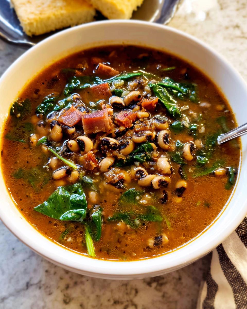 A close-up of a bowl of hearty black eyed peas soup with spinach and diced ham, part of The Ultimate Soup Recipes Guide.