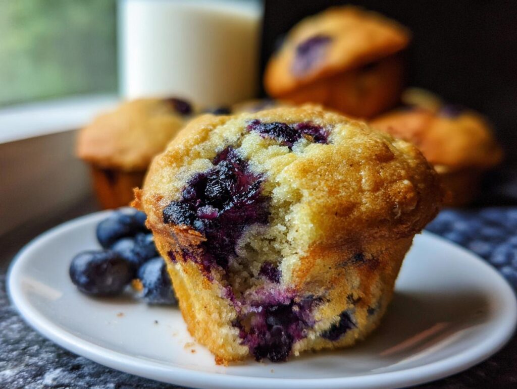 A close-up of a blueberry muffin, with a bite taken out, on a white plate with fresh blueberries. Other muffins and a glass of milk are blurred in the background.
