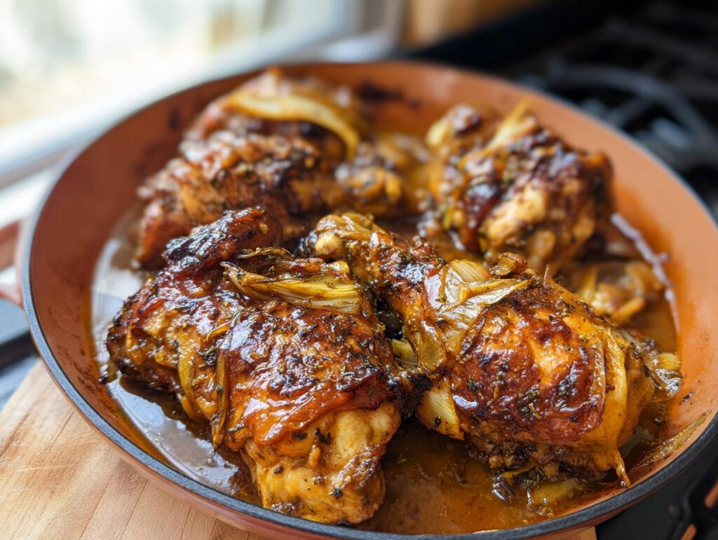 Close-up of a braised chicken recipe in a pan, with a rich glaze and onions.