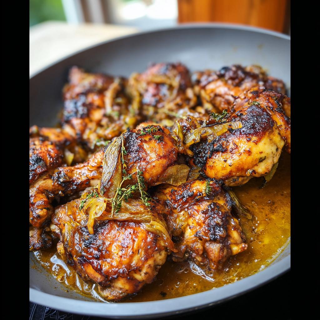 Close-up of tender, braised chicken pieces in a rich sauce with onions and herbs.