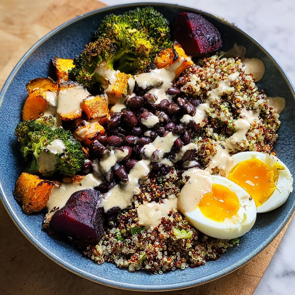 A colorful breakfast bowl featuring quinoa, black beans, roasted sweet potatoes, broccoli, beets, and a soft-boiled egg, drizzled with dressing.