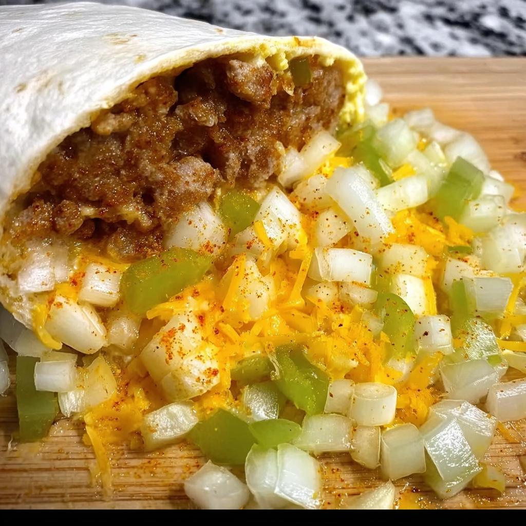 A close-up of a breakfast burrito filled with scrambled eggs, sausage, cheese, onions, and peppers.