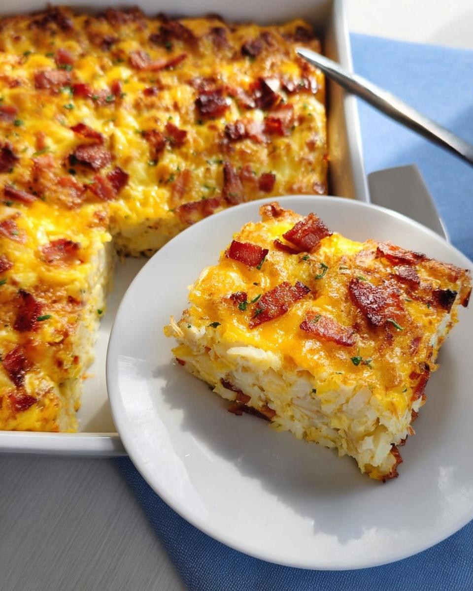A slice of savory breakfast casserole topped with melted cheese and bacon, part of the Breakfast Ideas Recipes collection.