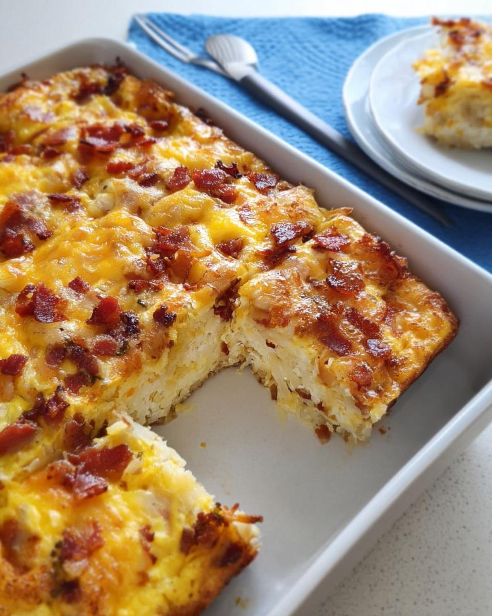 A hearty breakfast casserole with bacon and cheese, cut into squares, ready to serve.