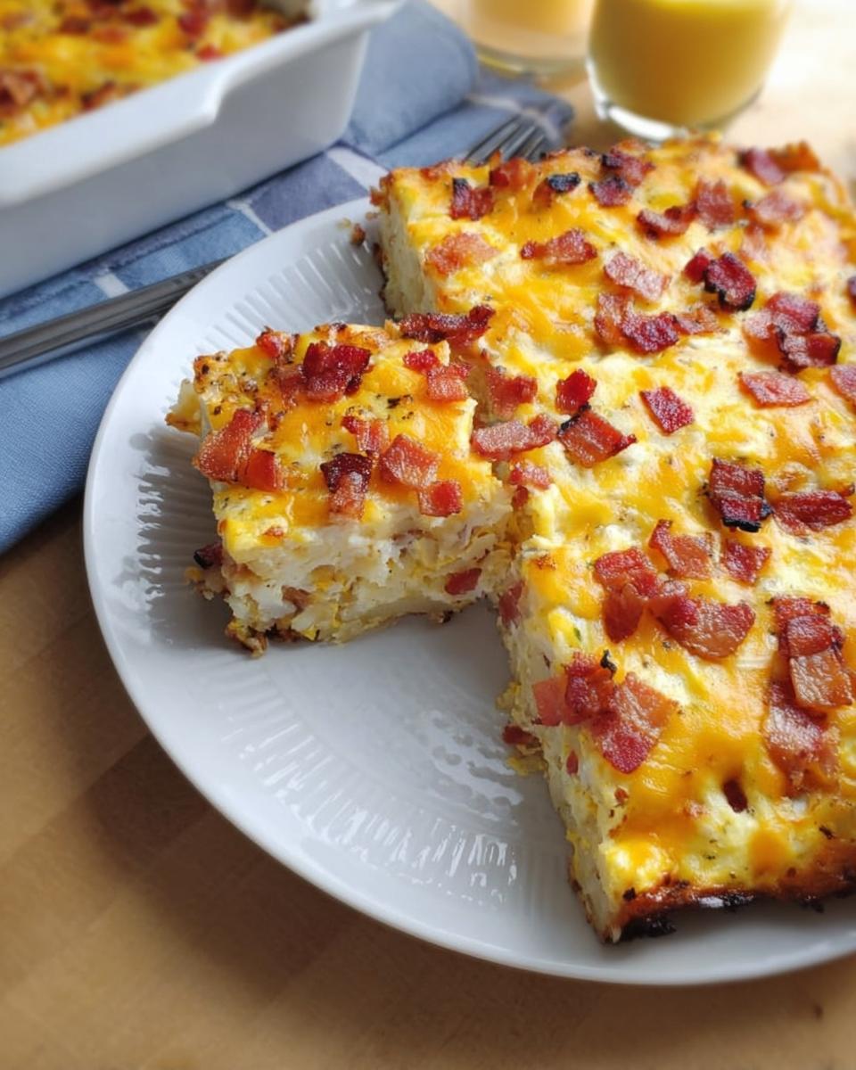 A slice of breakfast casserole with eggs, cheese, and bacon, served on a white plate. Part of the casserole remains in a baking dish in the background.