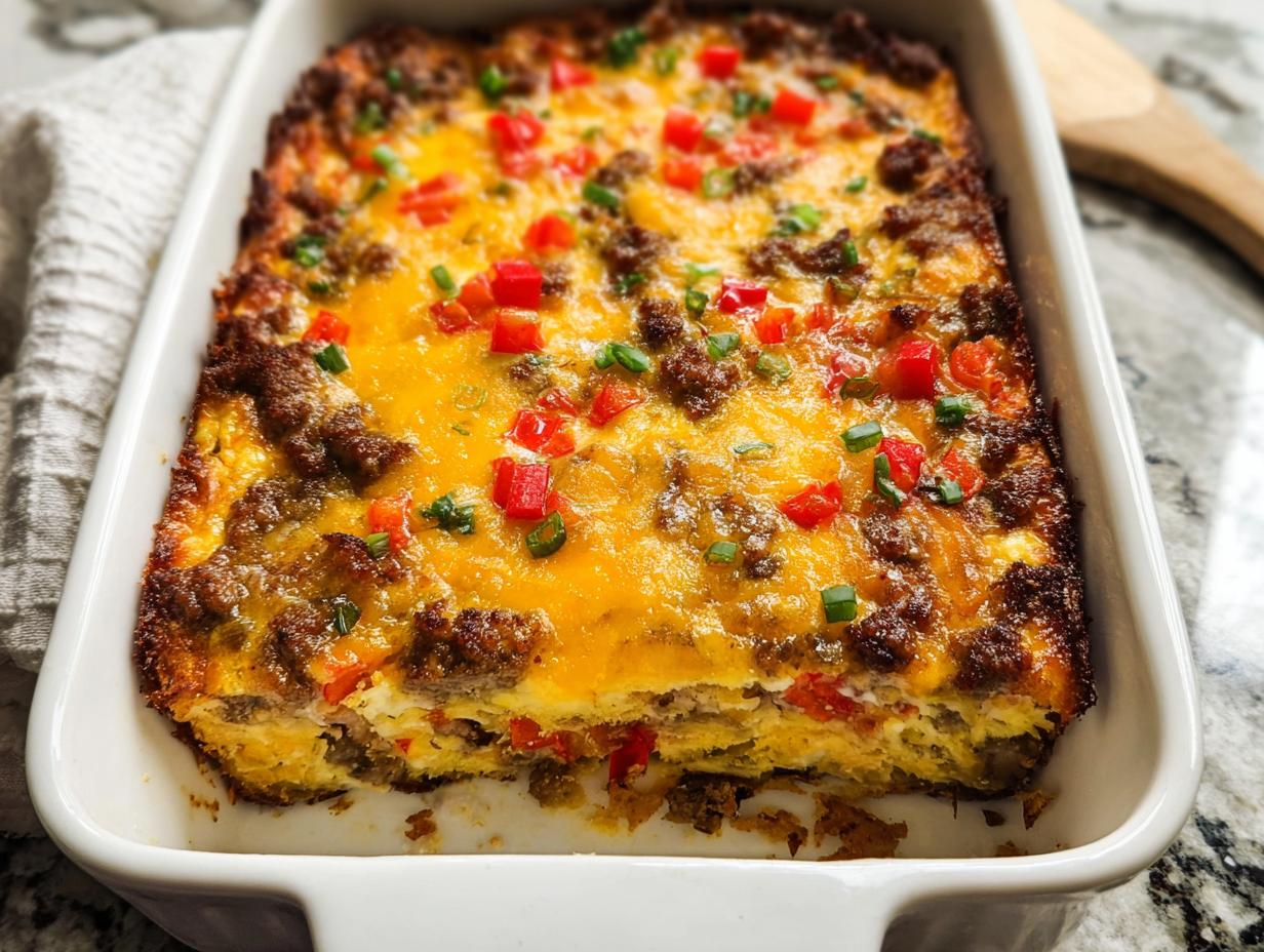 Close-up of a baked breakfast casserole in a white dish, featuring sausage, melted cheese, red peppers, and green onions.