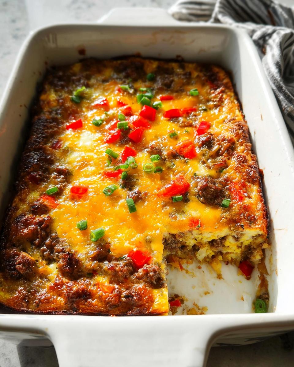 A hearty breakfast casserole in a white baking dish, topped with melted cheese, red peppers, and green onions. Perfect for breakfast ideas recipes meal prep.