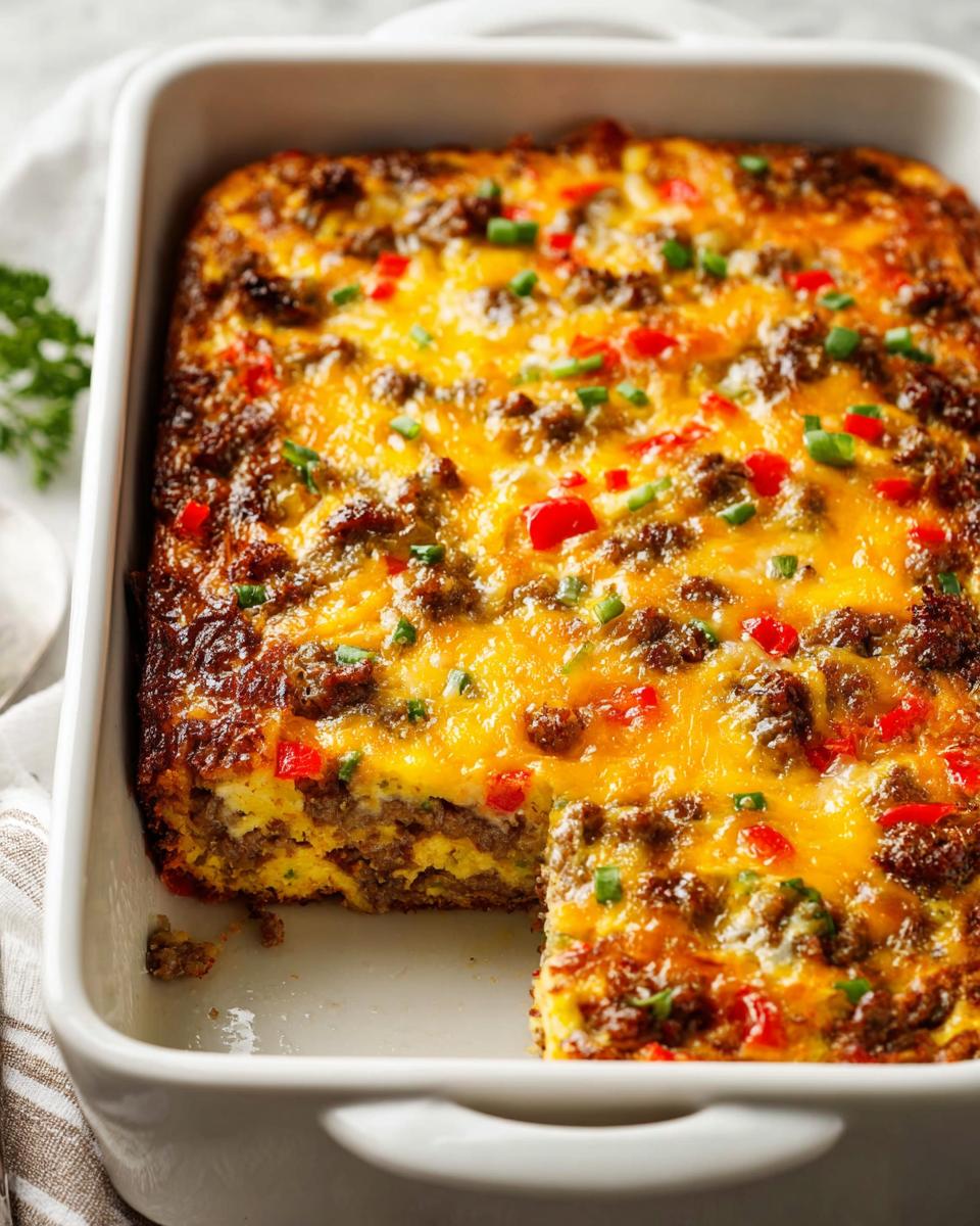 A delicious breakfast casserole with sausage, eggs, cheese, and peppers, perfect for meal prep ideas recipes.